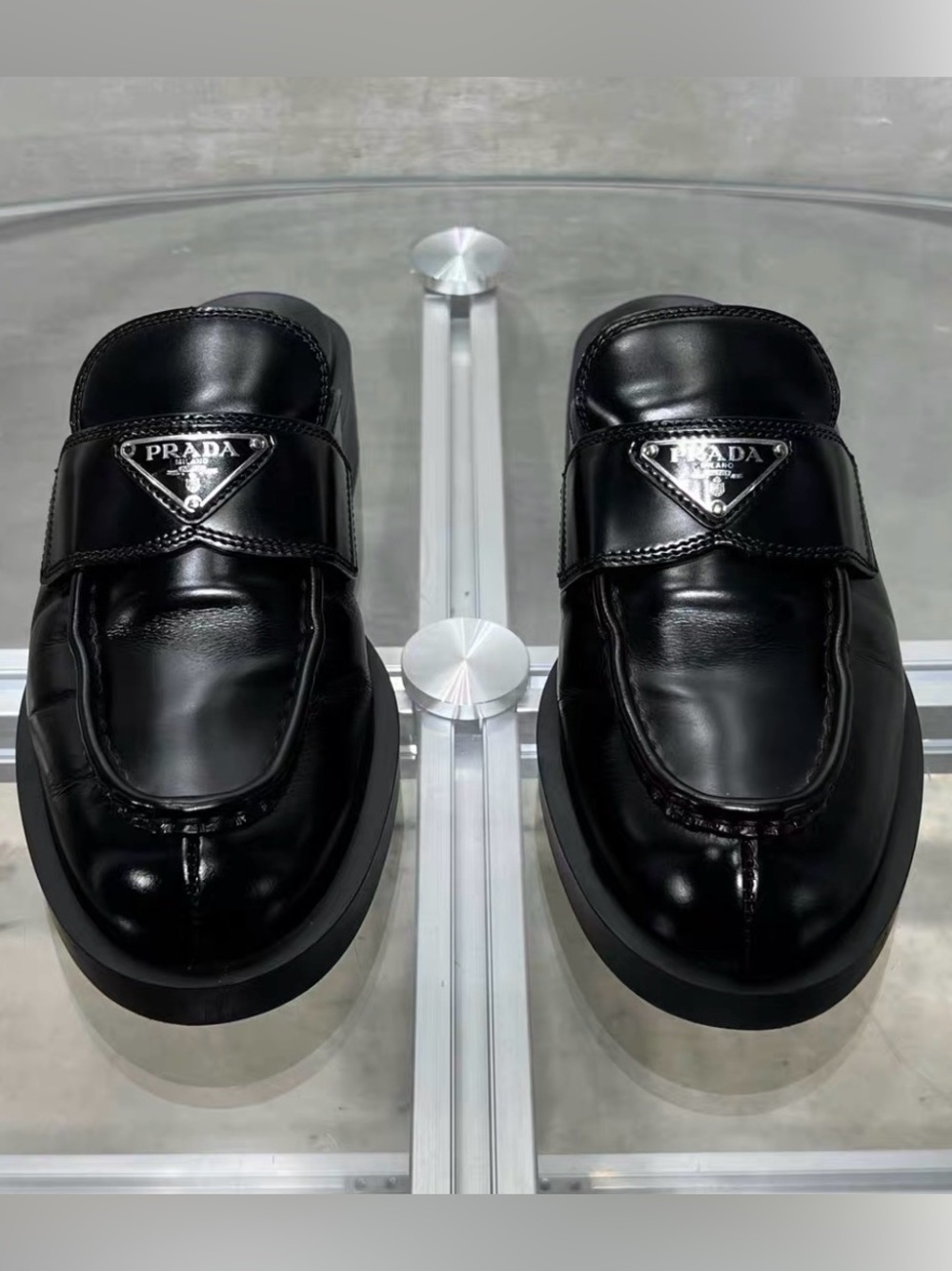 Prada Black Patent Leather Slip-On Loafers with Logo Plaque